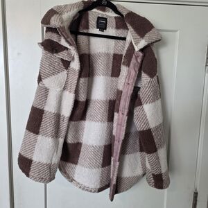 Cider Brown and Cream Plaid Teddy Jacket